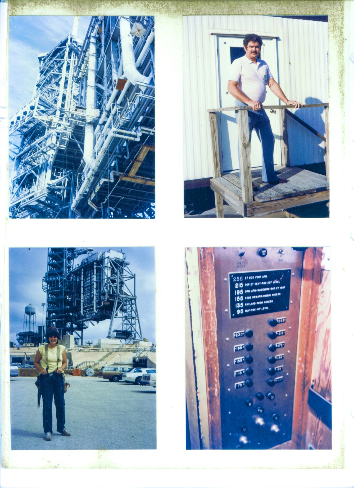 At Space Shuttle Launch Complex 39-B, Kennedy Space Center, Florida, clockwise from top left: Back of the towers. Jack Petty. FSS elevator buttons. Tammy Ivey.